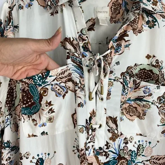 Chico's Boho Floral Blouse Shirt Women Size 3 XL Cream Brown Cottagecore Career - Picture 5 of 13
